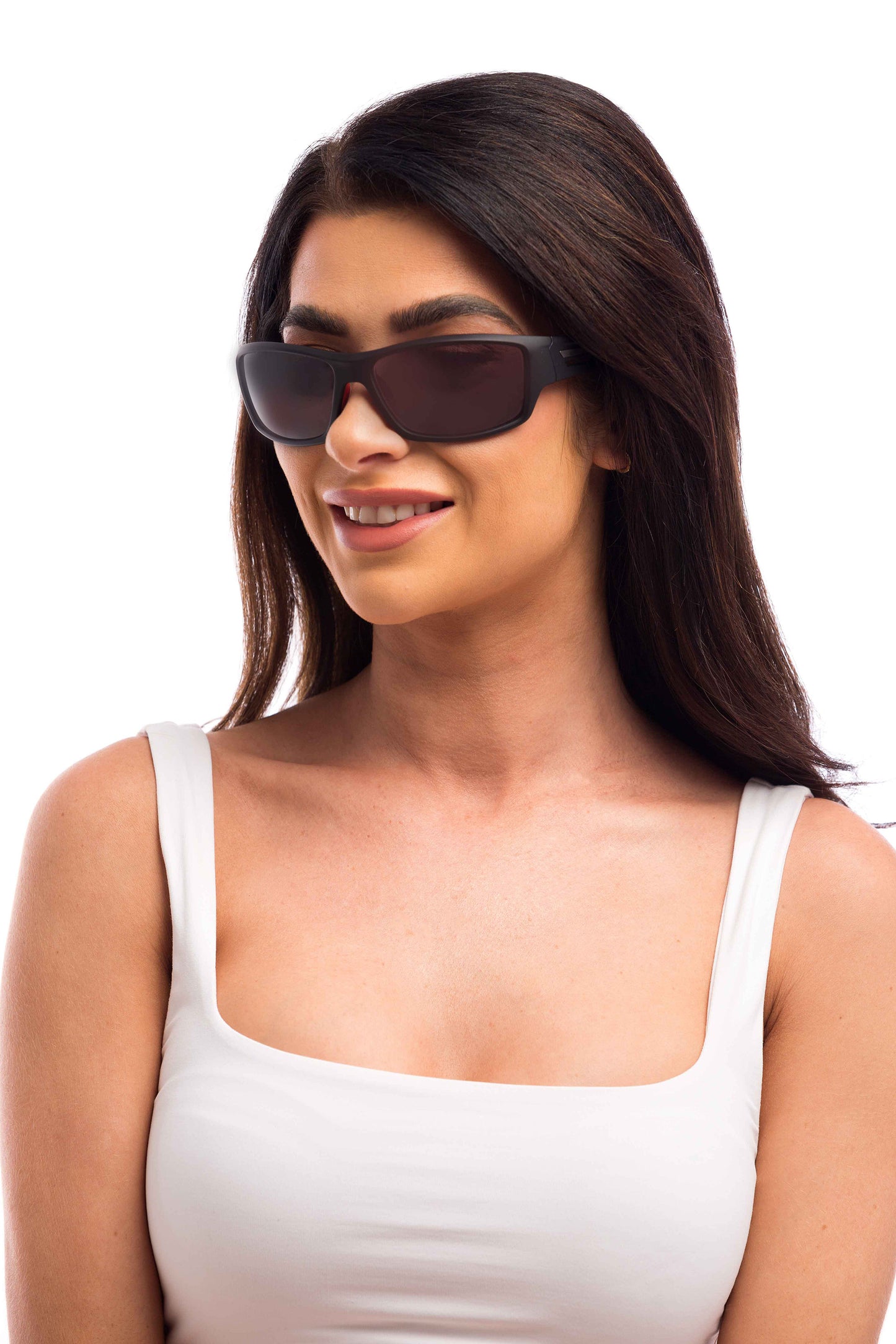 Woman Wearing Onyx Sunglasses Prescription (Grey)