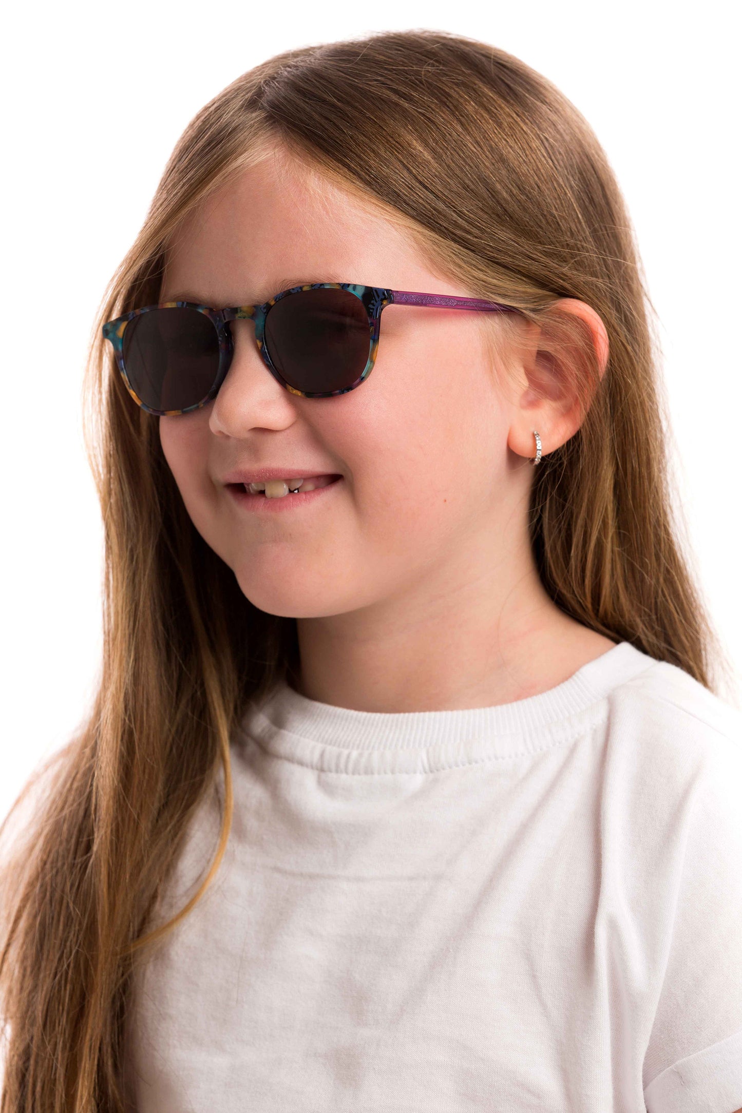 Girl Wearing Elsa Kids Sunglasses (Brown), angled view